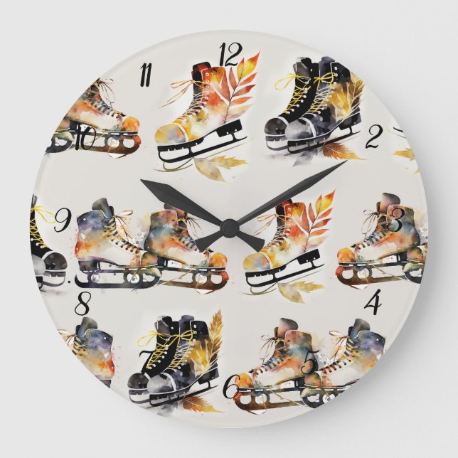 Watercolor Ice Skates with Autumn Leaves Pattern   Large Clock (Front)