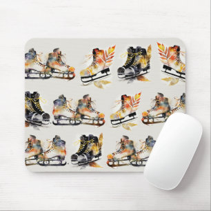 Watercolor Ice Skates with Autumn Leaves Pattern   Mouse Pad