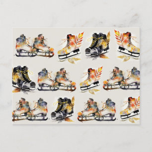 Watercolor Ice Skates with Autumn Leaves Pattern Postcard