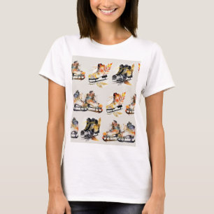 Watercolor Ice Skates with Autumn Leaves Pattern   T-Shirt