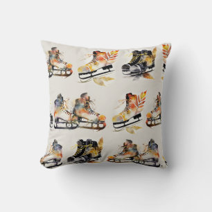 Watercolor Ice Skates with Autumn Leaves Pattern   Throw Pillow