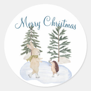 Watercolor Ice Skating Forest Animals Classic Round Sticker