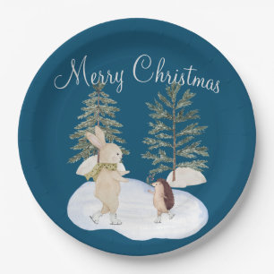 Watercolor Ice Skating Forest Animals on Blue Paper Plate