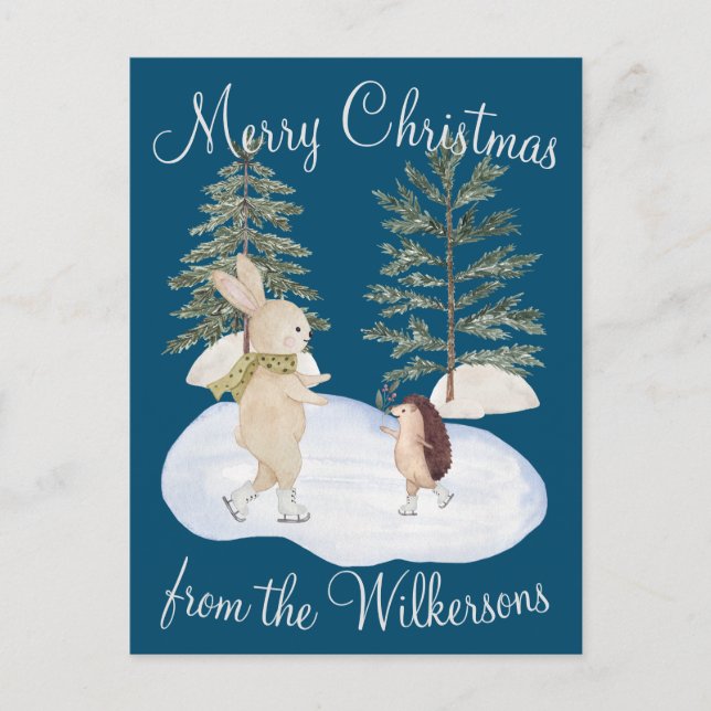 Watercolor Ice Skating Forest Animals on Blue Postcard (Front)