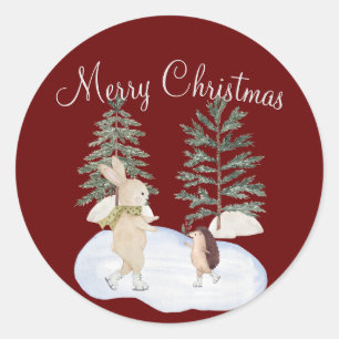 Watercolor Ice Skating Forest Animals on Burgundy Classic Round Sticker