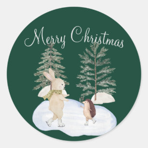 Watercolor Ice Skating Forest Animals on Green Classic Round Sticker
