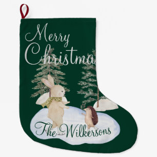 Watercolor Ice Skating Forest Animals on Green Large Christmas Stocking