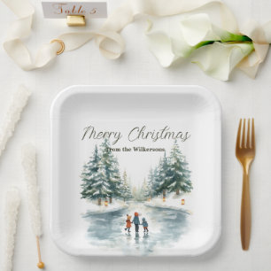 Watercolor Ice Skating on Frozen Lake Personalized Paper Plate