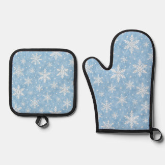 Watercolor Icy Blue Snowflake Pattern Oven Mitt & Pot Holder Set