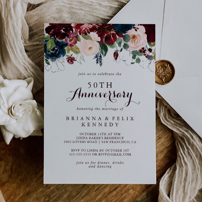 Watercolor Illustrated 50th Wedding Anniversary Invitation (Creator Uploaded)