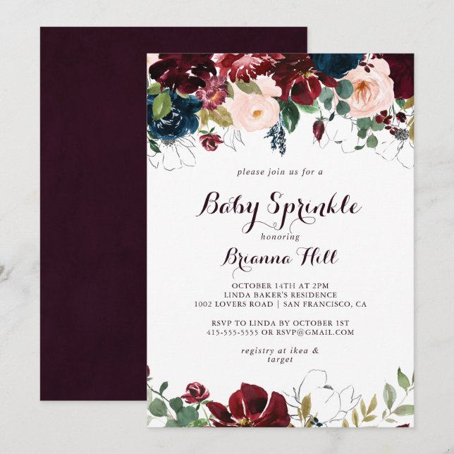 Watercolor Illustrated Calligraphy Baby Sprinkle Invitation (Front/Back)
