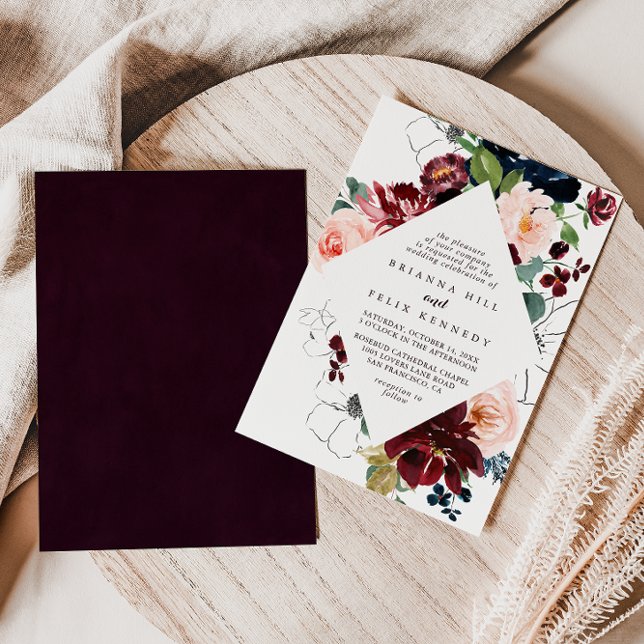 Watercolor Illustrated Fall Floral Diamond Wedding Invitation (Creator Uploaded)