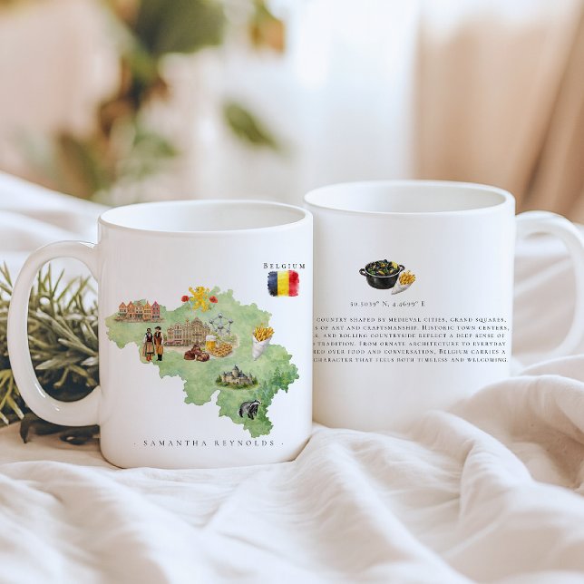 Watercolor Illustrated Map Belgium | Monogram Coffee Mug (Creator Uploaded)