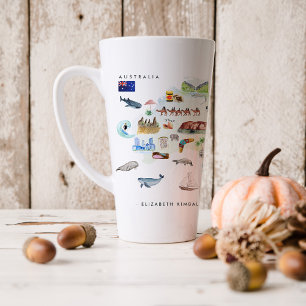 Watercolor Illustrated Map of Australia   Monogram Latte Mug