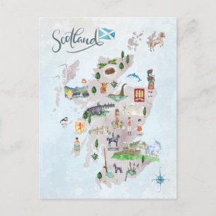 Watercolor Illustrated Map of Scotland Art Postcard