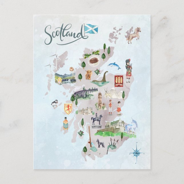 Watercolor Illustrated Map of Scotland Art Postcard (Front)