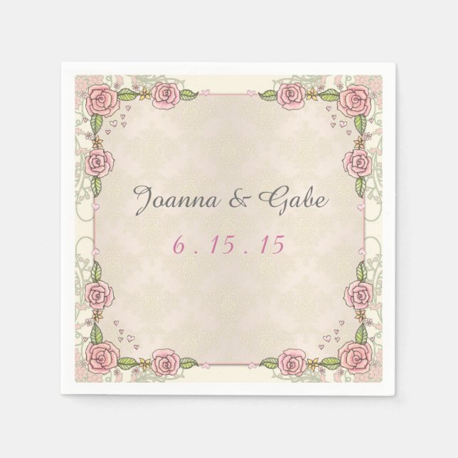 Watercolor Illustrated Pink Roses Wedding Napkins (Front)