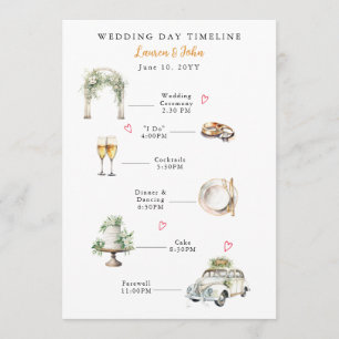 Watercolor Illustrated wedding day timeline Program