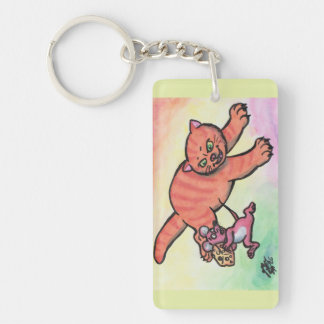 Watercolor Illustration Cat Mouse Cheese cartoon Keychain