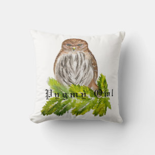 Watercolor illustration of a bird pygmy owl throw pillow