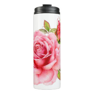 Watercolor illustration of a delicate pink rose wi thermal tumbler