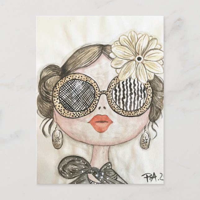 watercolor illustration of a fashionable girl with postcard (Front)