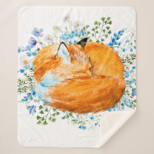watercolor illustration of a sleeping fox, red fox sherpa blanket