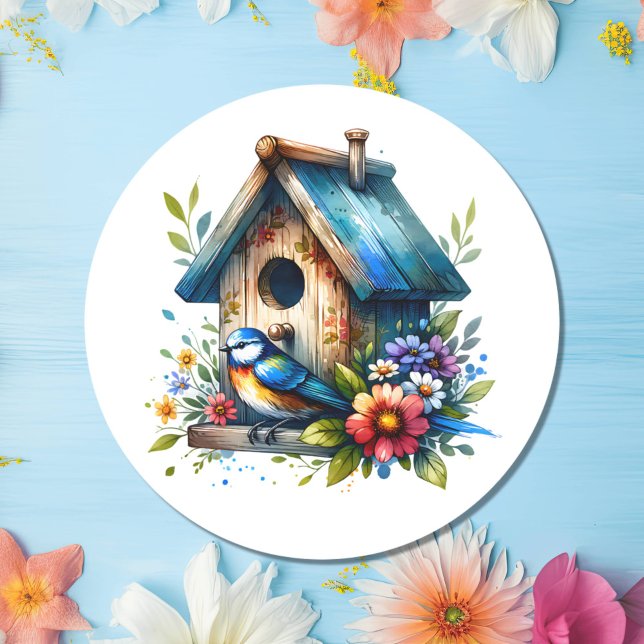  Watercolor Illustration  of Birdhouse and Bird  Classic Round Sticker (Creator Uploaded)