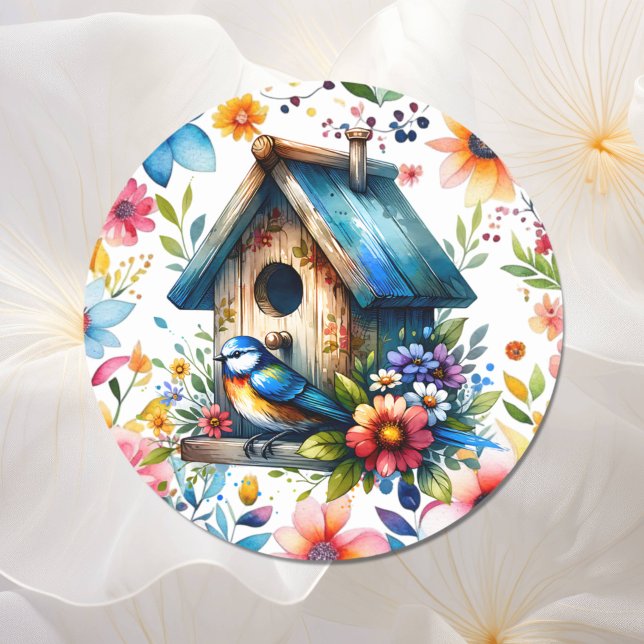  Watercolor Illustration  of Birdhouse and Bird  Classic Round Sticker (Creator Uploaded)