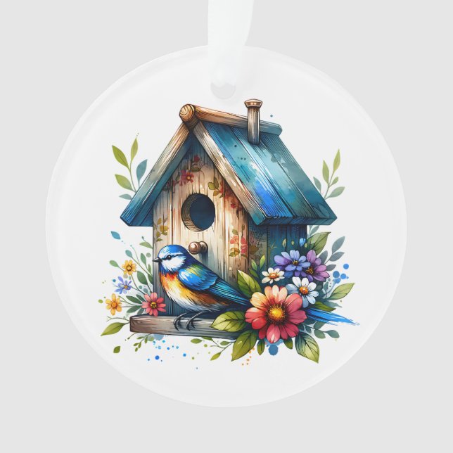  Watercolor Illustration of Birdhouse Christmas  Ornament (Front)