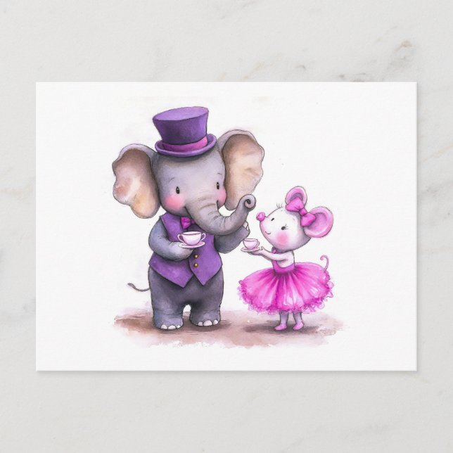 Watercolor Illustration of Elephant and Mouse Havi Postcard (Front)