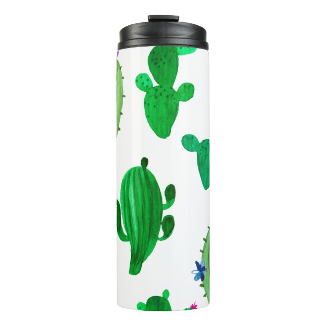 Watercolor illustration of green ink desert cactus thermal tumbler (Front)