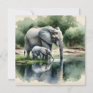 Watercolor Illustration of Mama and Baby Elephant