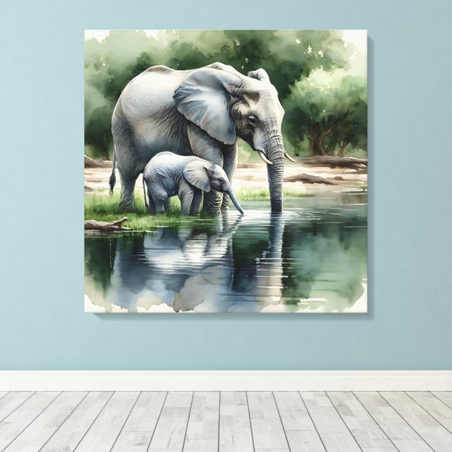 Watercolor Illustration of Mama and Baby Elephant Canvas Print (Insitu(Wood Floor))