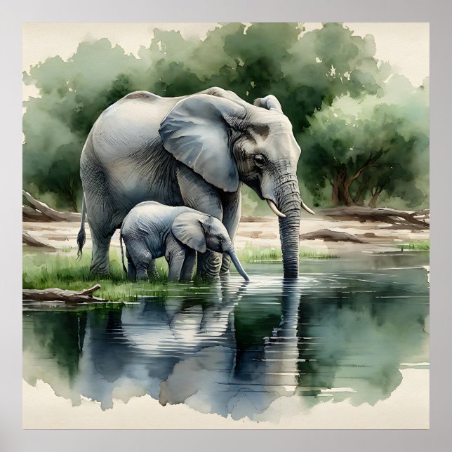 Watercolor Illustration of Mama and Baby Elephant Poster (Front)