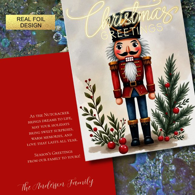 Watercolor Illustration of Nutcracker Christmas Foil Holiday Card (Creator Uploaded)