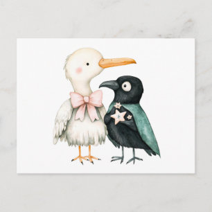 Watercolor Illustration of Seagull and Crow Postcard