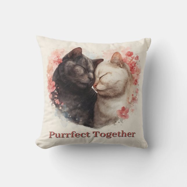 Watercolor Illustration of Two Cats Nuzzling Throw Pillow (Front)