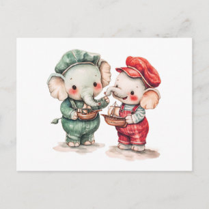 Watercolor Illustration of Two Elephants with Boat Postcard