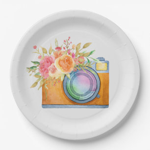 watercolor+illustration, orange+camera, floral+bou paper plate
