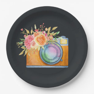 watercolor+illustration, orange+camera, floral+bou paper plate
