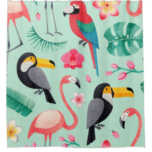 Watercolor illustrations of birds, tropical flower