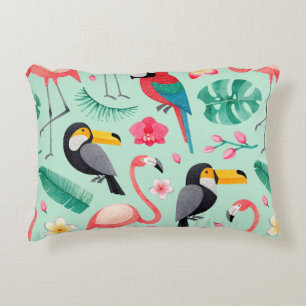 Watercolor illustrations of birds, tropical flower accent pillow
