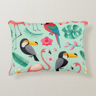 Watercolor illustrations of birds, tropical flower accent pillow