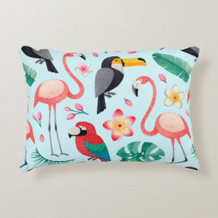 Watercolor illustrations of birds, tropical flower accent pillow