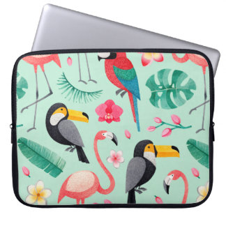 Watercolor illustrations of birds, tropical flower laptop sleeve