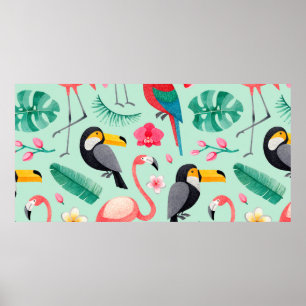 Watercolor illustrations of birds, tropical flower poster