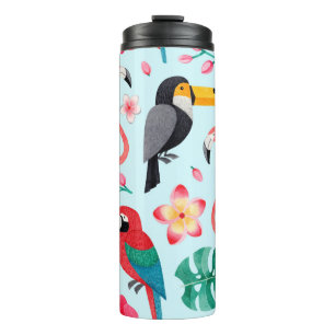 Watercolor illustrations of birds, tropical flower thermal tumbler