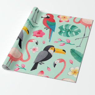 Watercolor illustrations of birds, tropical flower wrapping paper