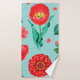Watercolor illustrations of red flowers. Seamless  Bath Towel
